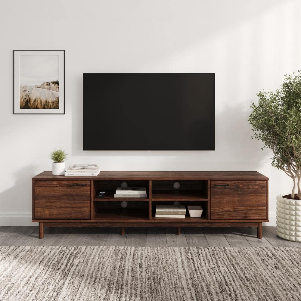 Welwick Designs 70 in. Dark Walnut Wood Modern 2-Door Storage TV Stand ...