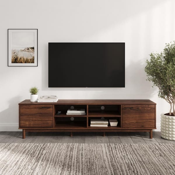 Welwick Designs 70 in. Dark Walnut Wood Modern 2-Door Storage TV Stand Fits TVs up to 80 in.