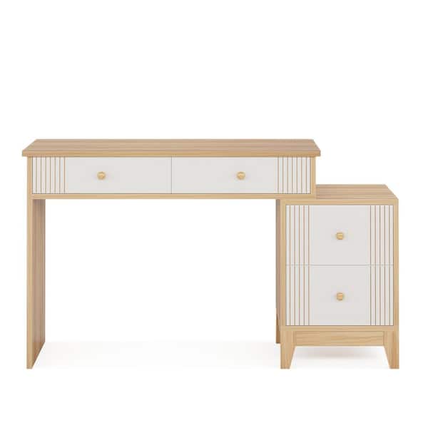 BYBLIGHT Helotes 1-Piece Light Walnut Vanity Desk 4 Large Drawers, 51-in. Makeup Vanity Table Women Girls