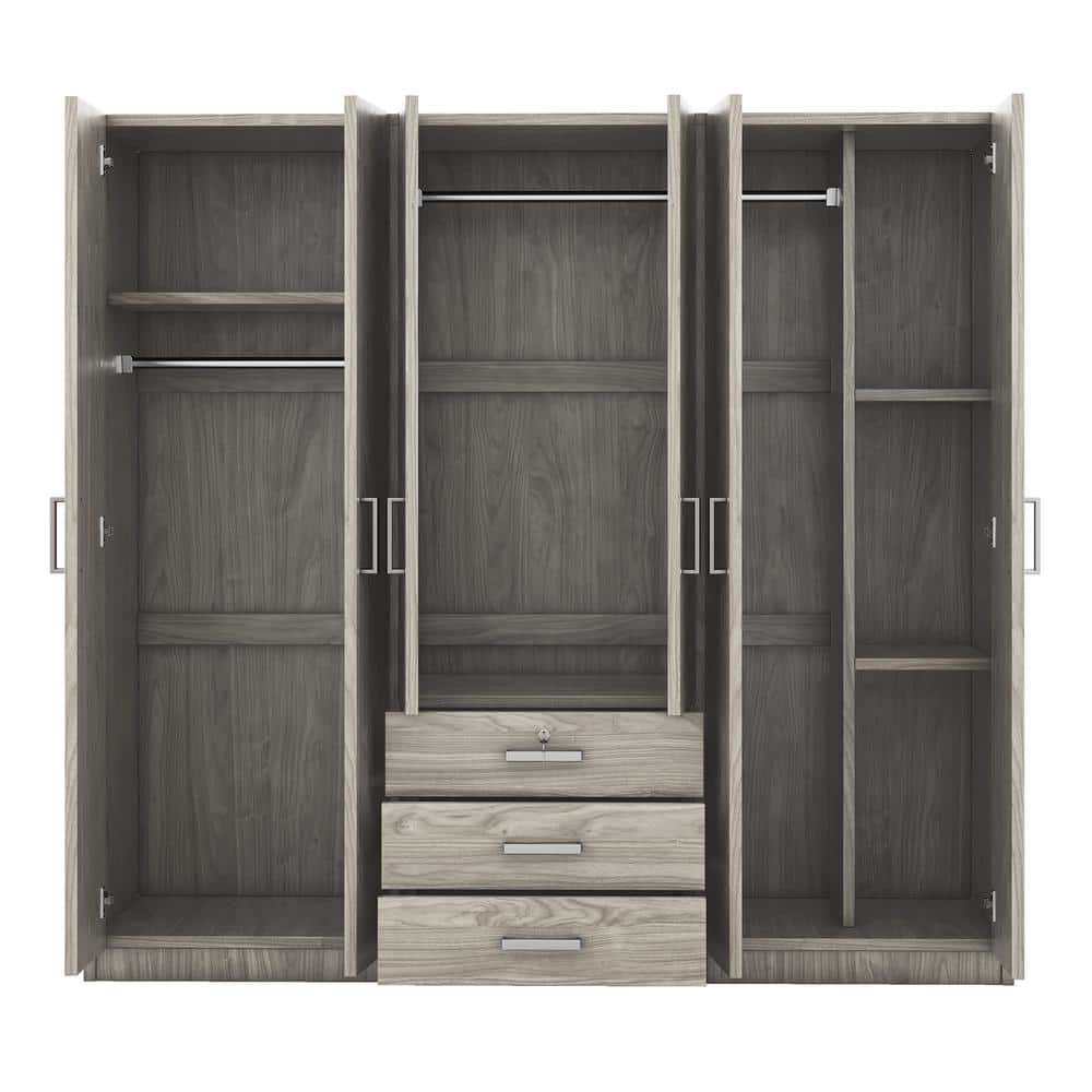White Wood 70.9 in. 6-Door Wardrobe Armoire with 3-Drawers, 5-Storage Shelves and 3-Hanging Rails - thumbnail 7