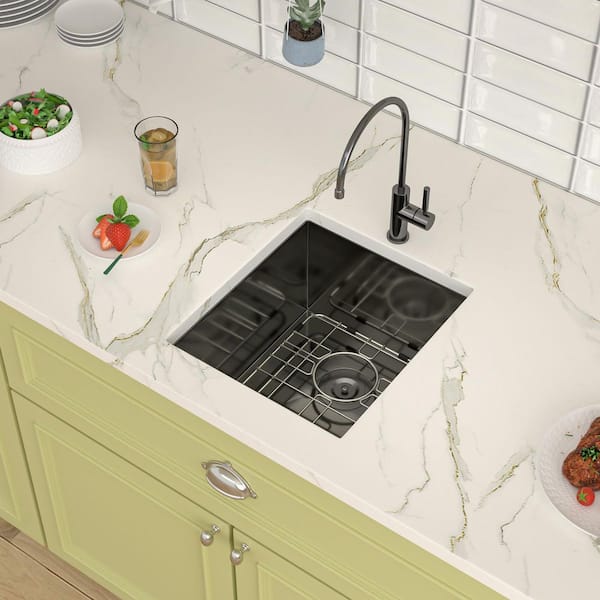 15 in. Undermount Single Bowl 16-Gauge Gunmetal Black Stainless Steel Kitchen Sink with Bottom Grids