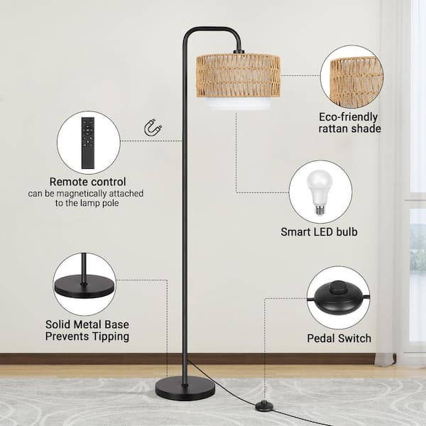 TOZING 68 in. 1-Light Black Modern Rope Adjustable Swing Arm Floor