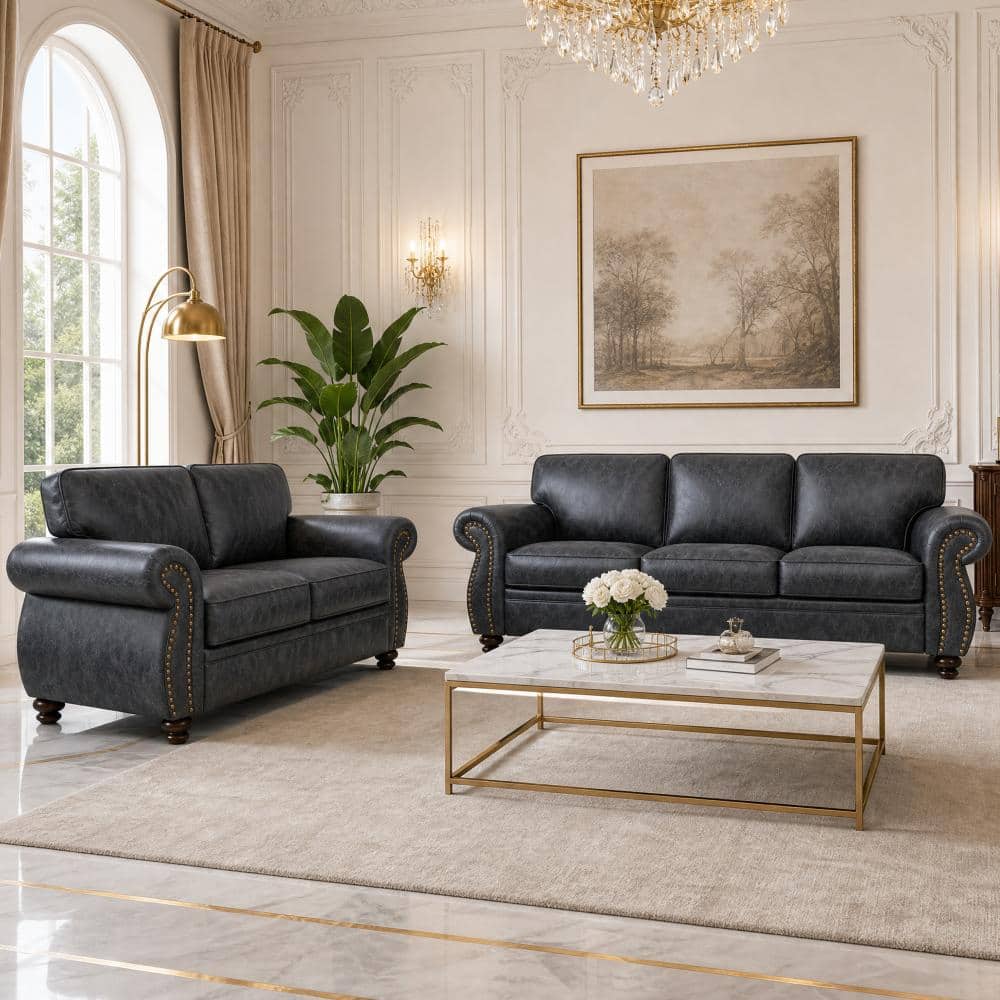 American Style 2-Piece Faux Leather Living Room Sofa Set with Rivet Trim, Loveseat & 3-Seat Sofa, Gray