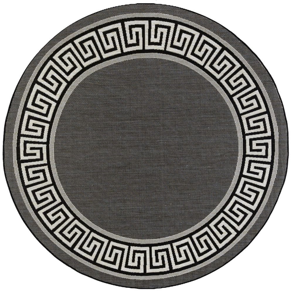 Tayse Rugs Eco Greek Key Black 6 ft. Round Indoor/Outdoor Area Rug