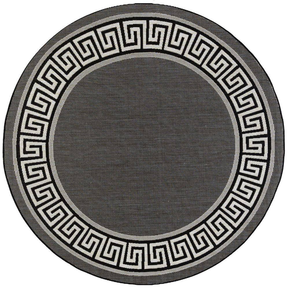 Tayse Rugs Eco Greek Key Black 6 ft. Round Indoor/Outdoor Area Rug