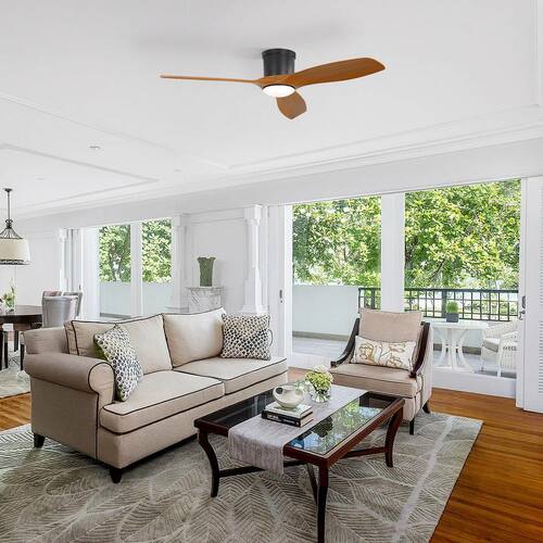 52 in. Black with Brown Blade Flush Mount Indoor Smart Ceiling Fan with Dimmable LED Light and Remote Control Byteany Ceiling Fans With Lights