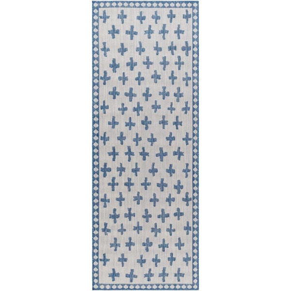 Livabliss Long Beach Gray/Blue Moroccan 3 ft. x 7 ft. Indoor/Outdoor Runner Indoor/Outdoor Area Rug