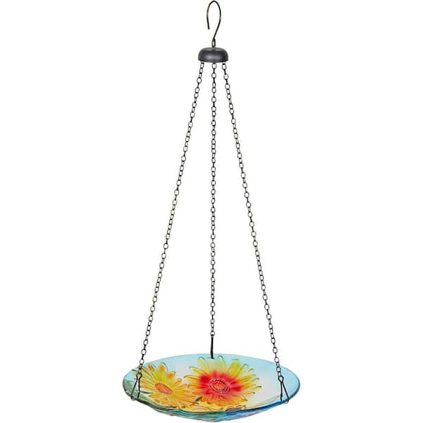 23 in. H x 10 in. Dia Floral and Bee Glass Birdbath with Chain