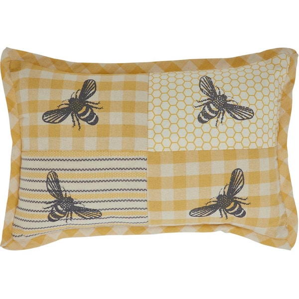 VHC BRANDS Buzzy Bees Yellow Antique White Grey Patchwork Bee 9.5 in. x 14 in. Throw Pillow