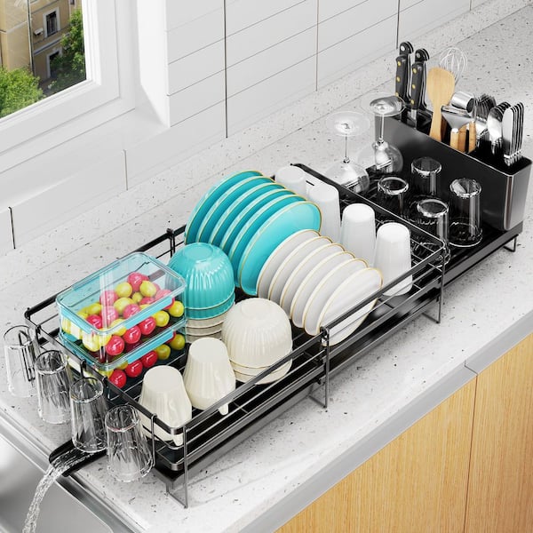 Black Expandable Kitchen Dish Rack with Drainboard