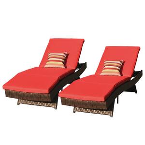 Brown 2-Pieces Wicker Adjustable Backrest Outdoor Chaise Lounge with Red Cushions