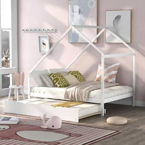 White Full Size Wooden House Bed With Twin Size Trundle