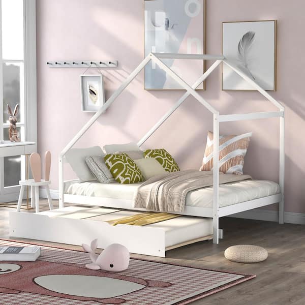 Qualler White Full Size Wooden House Bed With Twin Size Trundle