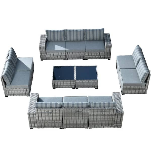 Beatrice 12-Piece Wicker Outdoor Sectional Set with Gray Stripe Cushions