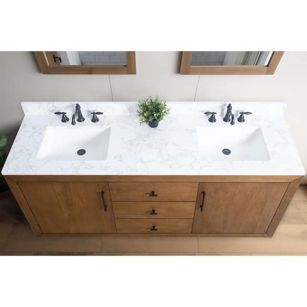 Vanity Art 72 in. W x 21.5 in. D x 34 in. H Double Sink Bathroom Vanity in Tan with Arabescato White Engineered Marble Top