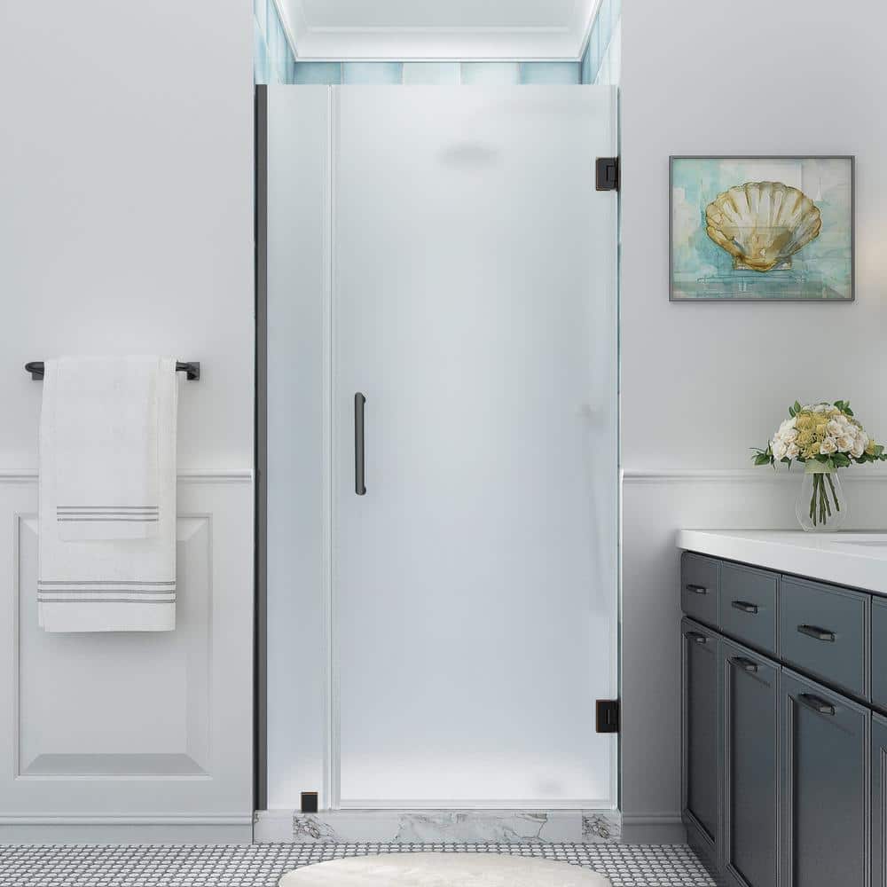 Belmore XL Frameless Hinged Shower Door with Frosted Glass and Oil Rubbed Bronze Finish