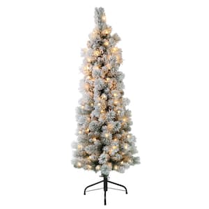4.5 ft. Pre-Lit Flocked Portland Pencil Artificial Christmas Tree with 100 UL- Listed Clear Lights