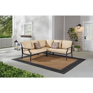 Braxton Park 3-Piece Black Steel Outdoor Patio Sectional Sofa with CushionGuard Toffee Trellis Tan Cushions