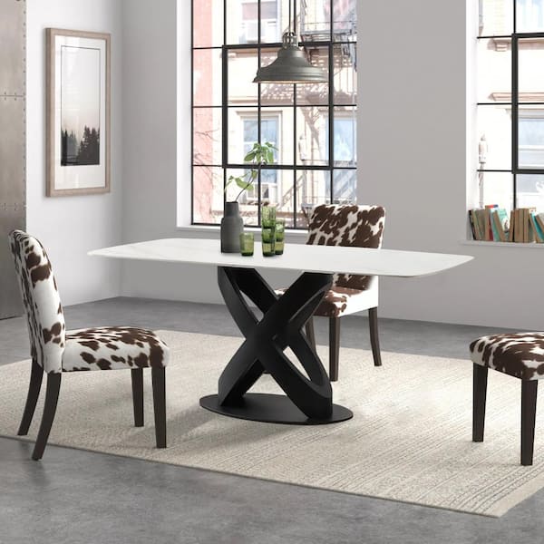 71 in. Rectangular Luxury Modern White Stone Dining Table with Solid Black  Carbon Steel Base for Dining Room (Seats 8)