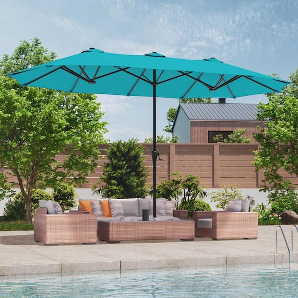 13 x 7.2 ft. Steel Double-Sided Outdoor Market Patio Umbrella with Crank in Lake Blue