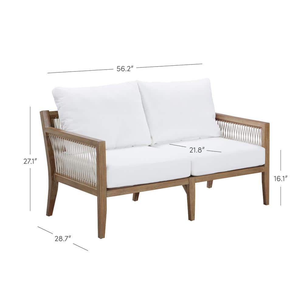 Freya Light Brown Acacia Wood Patio Loveseat with White Cushions