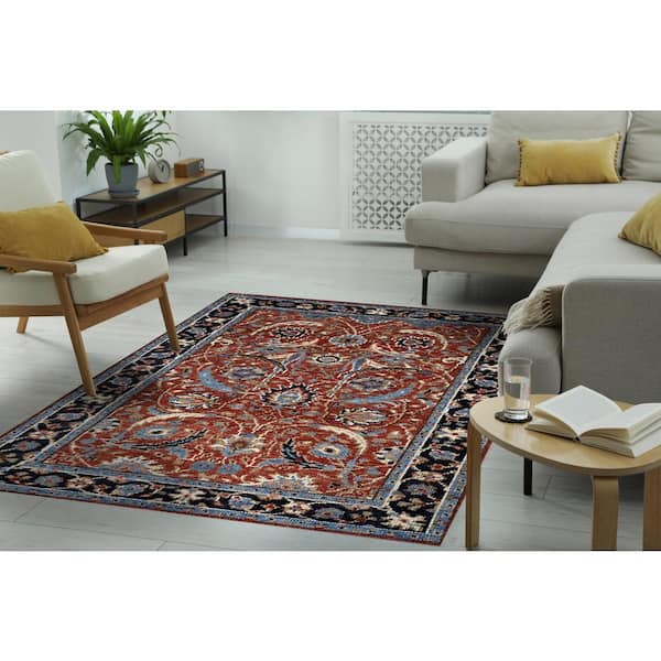 EORC Red/Navy 6 ft. x 9 ft. Hand Knotted Wool Traditional Bidjar Collection Area Rug