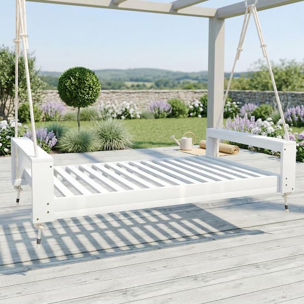 Black＆White ガーデン　サイズ：2（L） 2-Person White Acacia Wood Porch Swing Bed, Twin Size Patio Swing