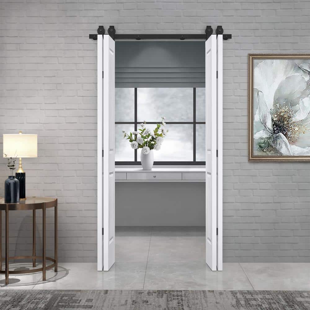White MDF Composite Double Bi-Fold Barn Doors with Black Hardware