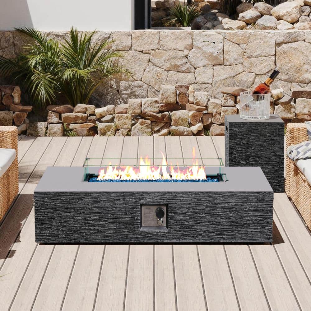 56-Inch Rectangular Concrete Propane Fire Pit Table with Tank Cover and Wind Guard,Dark Gray