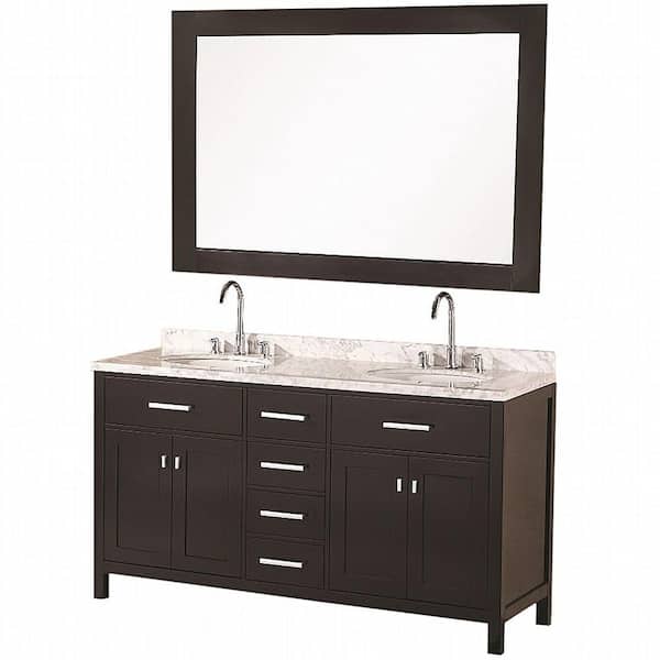 Design Element London 61 in. W x 22 in. D Vanity in Espresso with Marble Vanity Top and Mirror in Carrera White