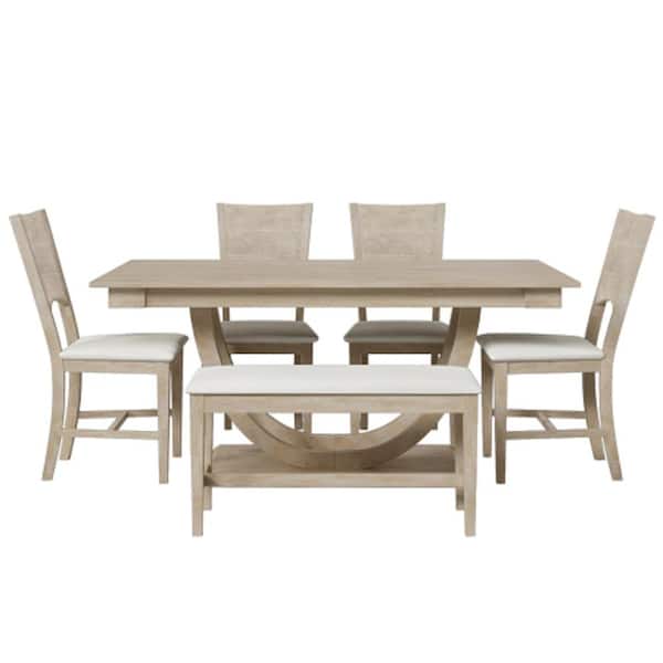 Unbranded Natural Modern 6-Piece Wood Half Round Legs Table Upholstered Chairs and Bench Outdoor Dining Set with Beige Cushion