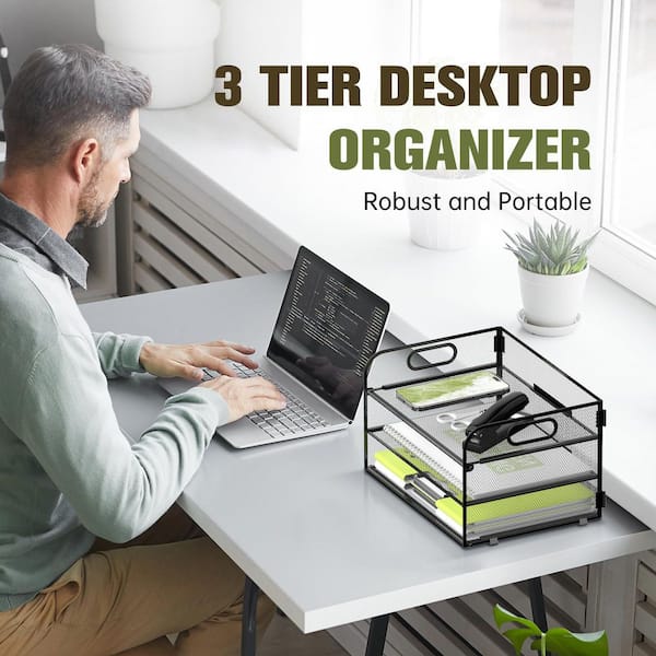 SUPEASY 3 Tier Mesh Paper Organizer With Handle - A4 File Tray, Desk Organizer, Black