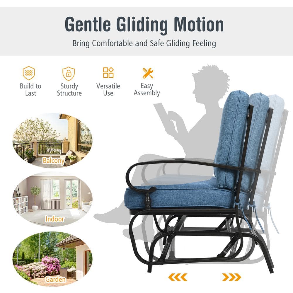 Navy Blue Cushioned Steel Frame 2-Person Outdoor Glider Bench