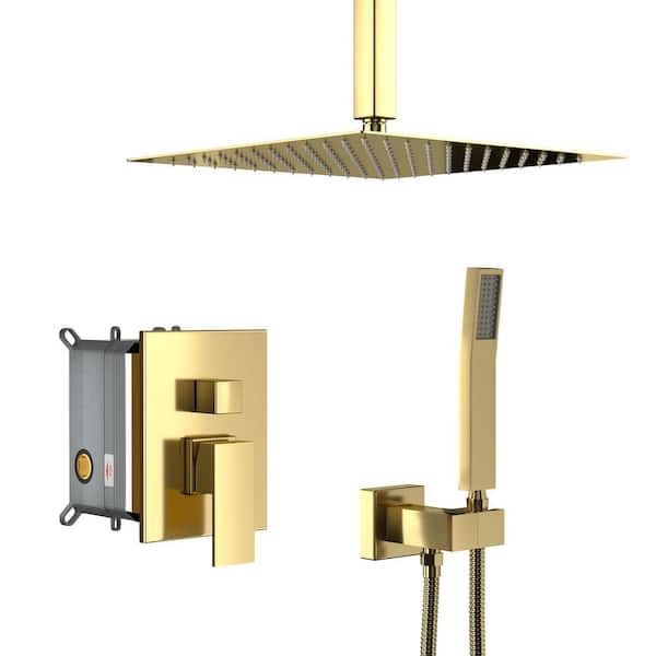 Unbranded Single Handle 1-Spray Ceiling Mount 12in. Shower Faucet 1.8 GPM with Pressure Balance in. Gold(Valve Included)
