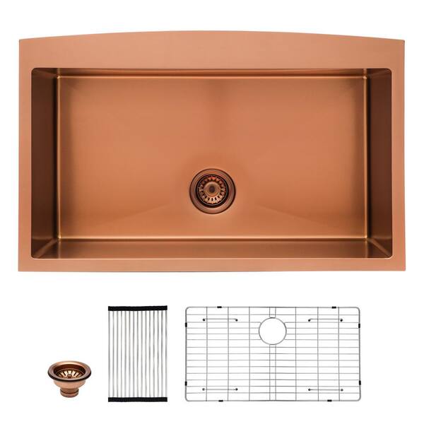LORDEAR 36 in. Rose Gold Single Bowl 16 -Gauge T304 Stainless Steel Farmhouse Kitchen Sink with Bottom Grid and Strainer
