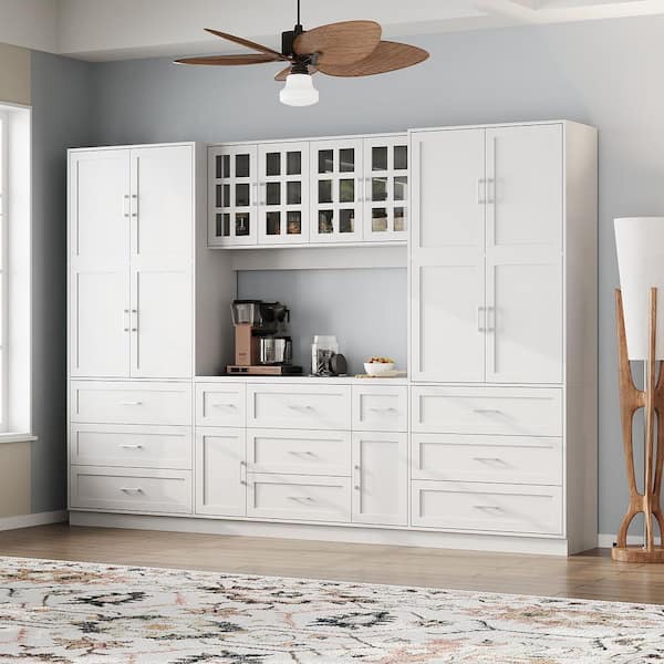 White Wood 110.2 in. W Pantry Cabinet with Glass Doors, 11 Drawers for Kitchen or Dining Room Storage