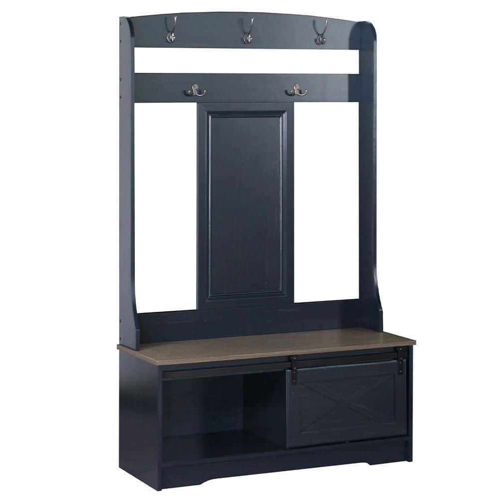 Hawksbury Walnut Wood Grain, Antique Black Hall Trees with Cabinets