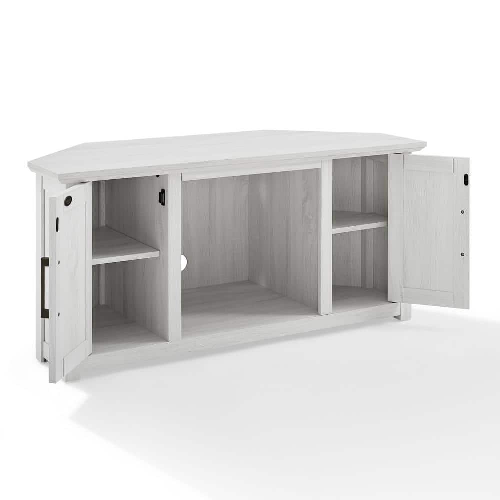 Whitewash Corner TV Stand with Cabinets and Open Storage