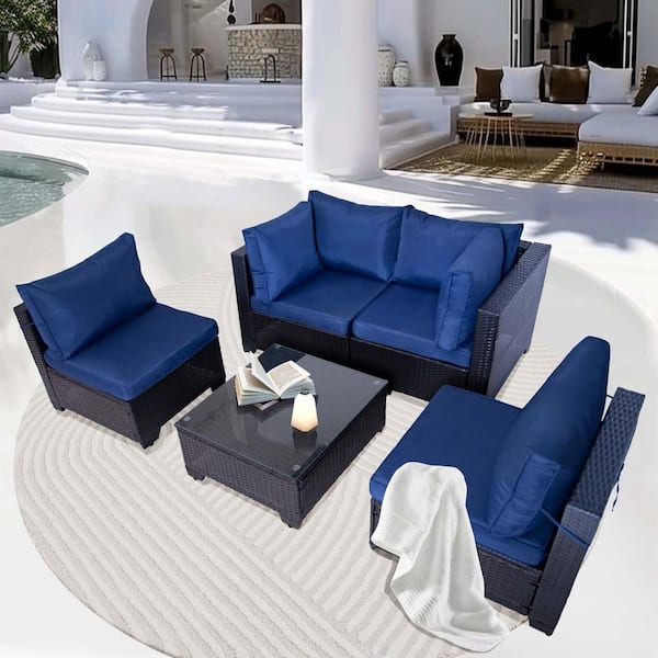 Sudzendf Black Brown 5-Piece Wicker Outdoor Patio Conversation with Blue Cushions and Coffee Table