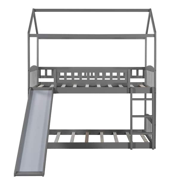 wetiny Gray Twin Bunk Bed with Slide, House Bed with Slide