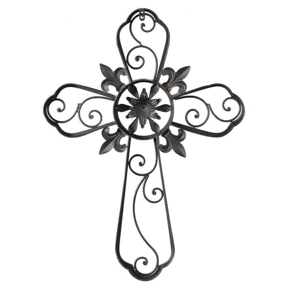 Brown Metal Scroll Cross Wall Sculpture with Floral Center