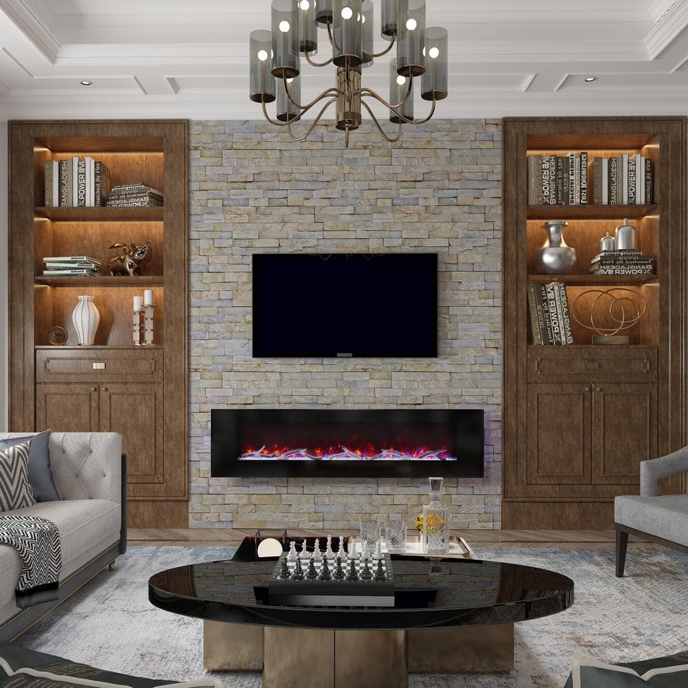 72 in. Wall Mounted Infrared Electric Fireplace in Black with Multi-Color F