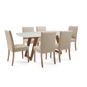 7-Piece Rectangle Almond Oak/Brown Wood Top Dining Set with Upholstery Chairs (Seats 6)