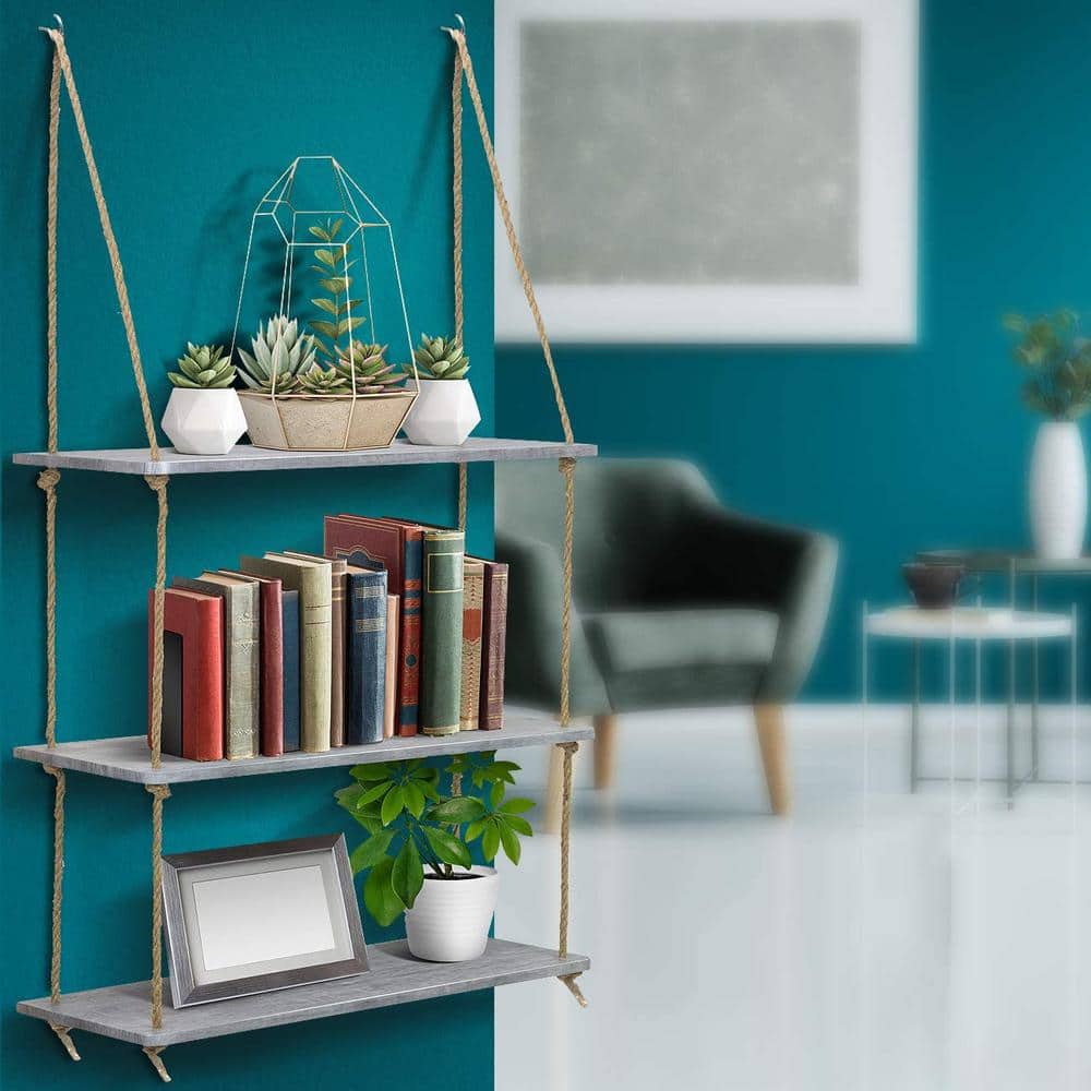 Sorbus Rustic Gray Wood 3-Tier Rectangular Floating Shelf