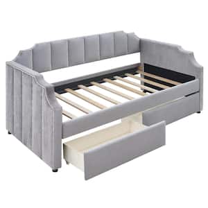 Gray Twin Upholstered Daybed with Drawers, Wood Daybed Frame with Wood Slat Support and Rivets Decorate