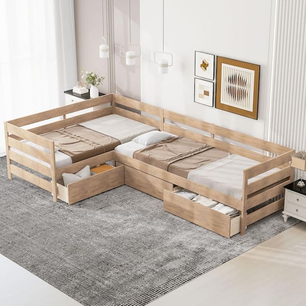 Harper & Bright Designs Natural(Brown) Wood Frame Twin Size L-Shaped Platform Bed with 3 Drawers