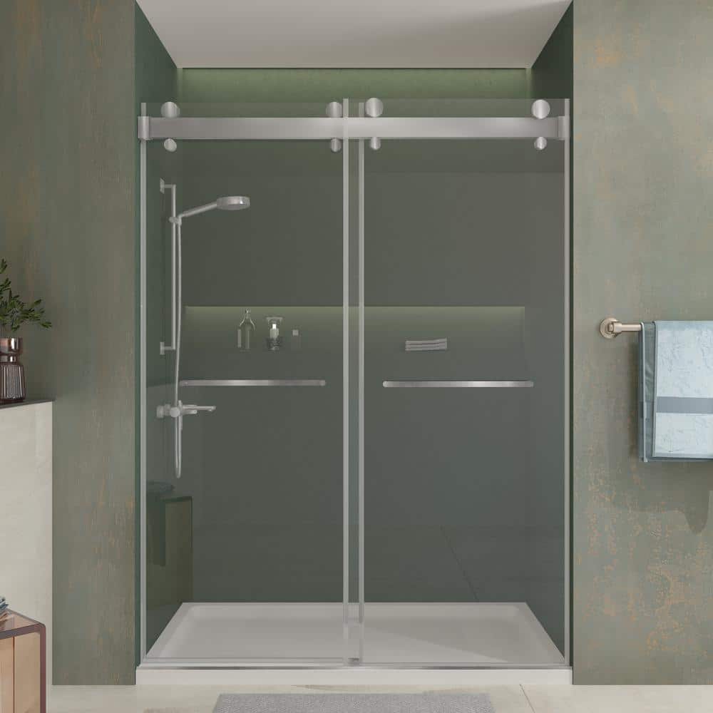 Brushed Silver Frameless Double Sliding Shower Door with Clear Tempered Glass