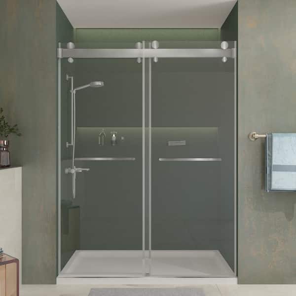Hpeytaire 73 in. W x 78 in. H Double Sliding Door Soft-Closing System Frameless Corner Shower Enclosure in Brushed Silver 5/16 in.