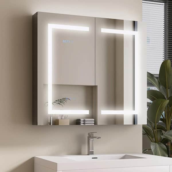 MEDUNJESS 36 in. W x 32 in. H Rectangular Black Aluminum Recessed/Surface Mount Medicine Cabinet with Mirror and LED