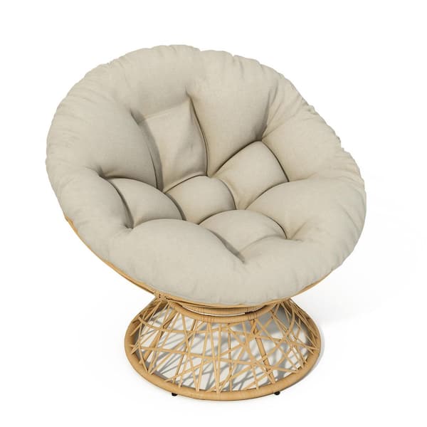 Sudzendf Brown Wicker Outdoor Rocking Chair, Swivel Chair with Beige Cloud Thick Density Fabric Cushion, Fluid 360° Swivel